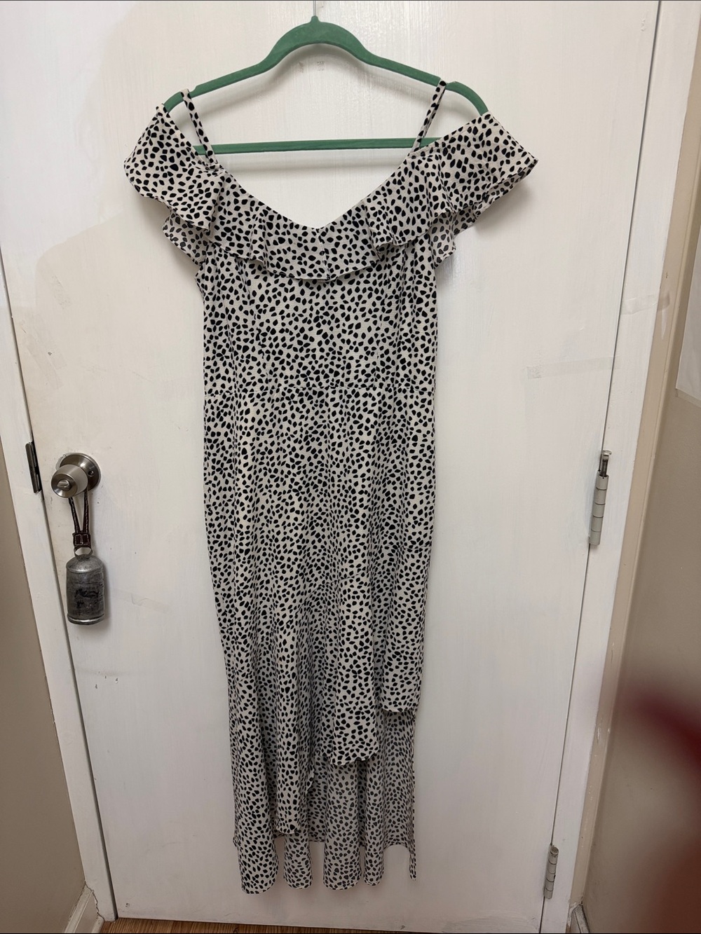 Off-Shoulder Ruffle Midi Dress in Black and White Spot - Picture 2 of 5